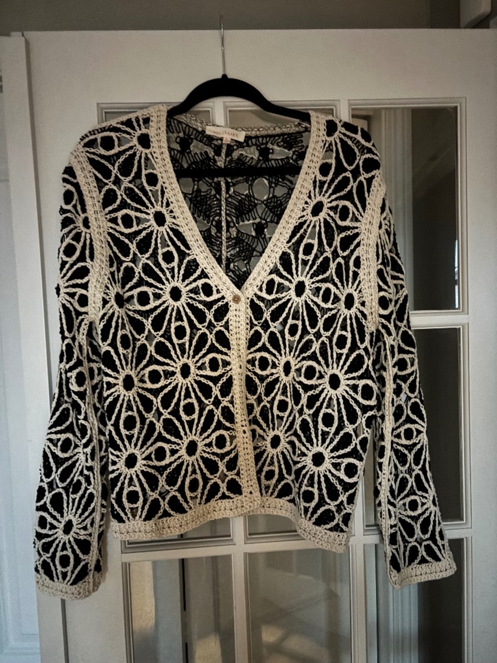 Solitaire crocheted cardigan.  Black and Ivory, Size large